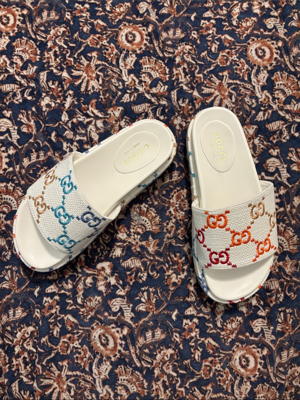 Gucci White Multicolor GG Embroidered Slide Mules
